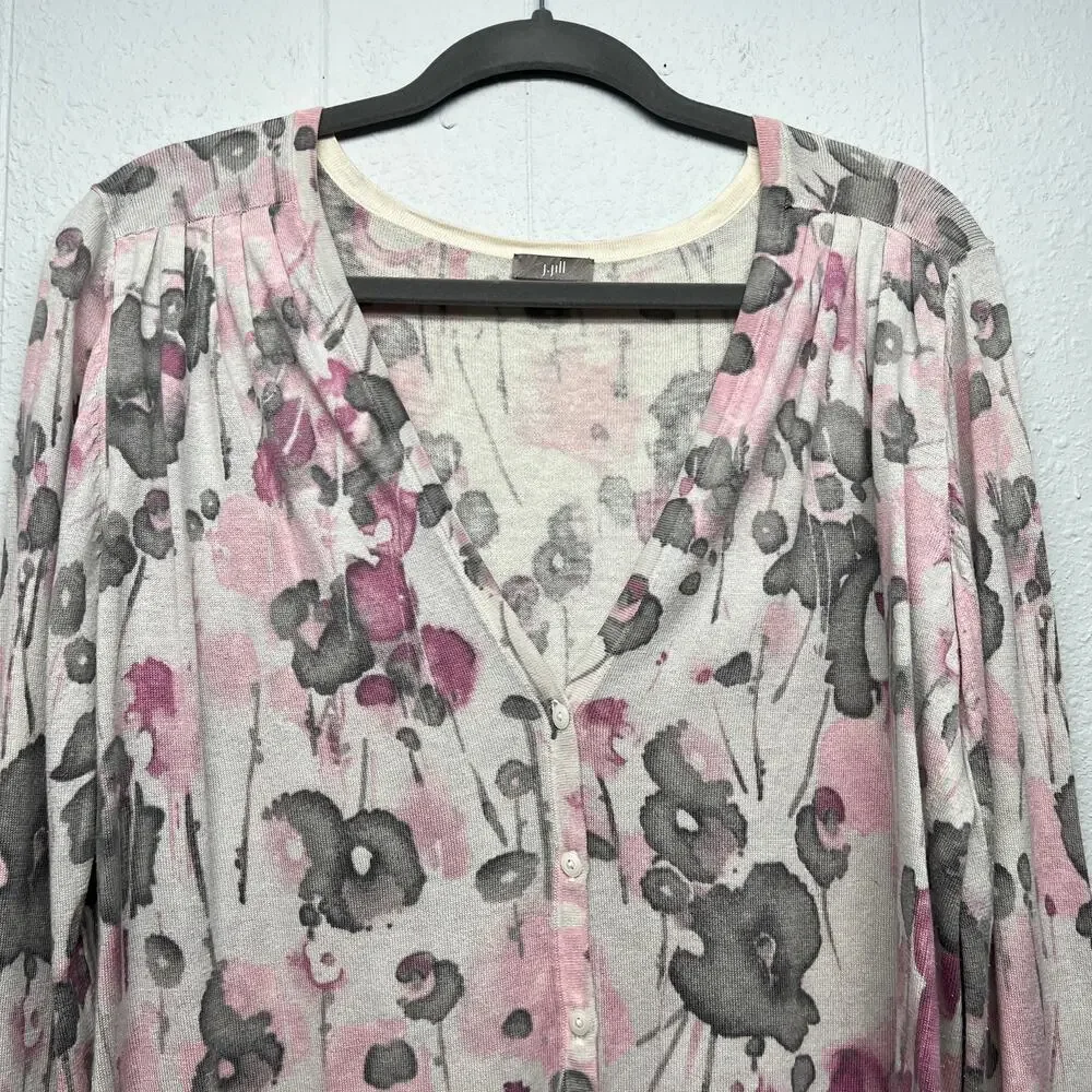 J.Jill Silk Cotton Cashmere Floral Cardigan Sweater Womens Medium Quiet Luxury